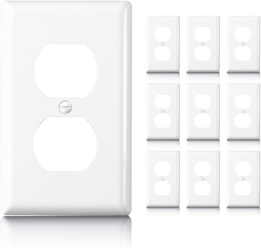 Duplex White Outlet Covers Wall Plate, 1-Gang Light Switch Cover Standard Size 4.55" X 2.76", Unbreakable Polycarbonate Thermoplastic Light Switch or Plug Cover, Outlet Covers White, 10 Pack
